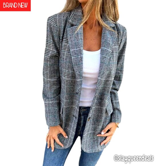 Womens Tweed Blazer Notch Lapel Lined Pockets Business Casual Work Jacket